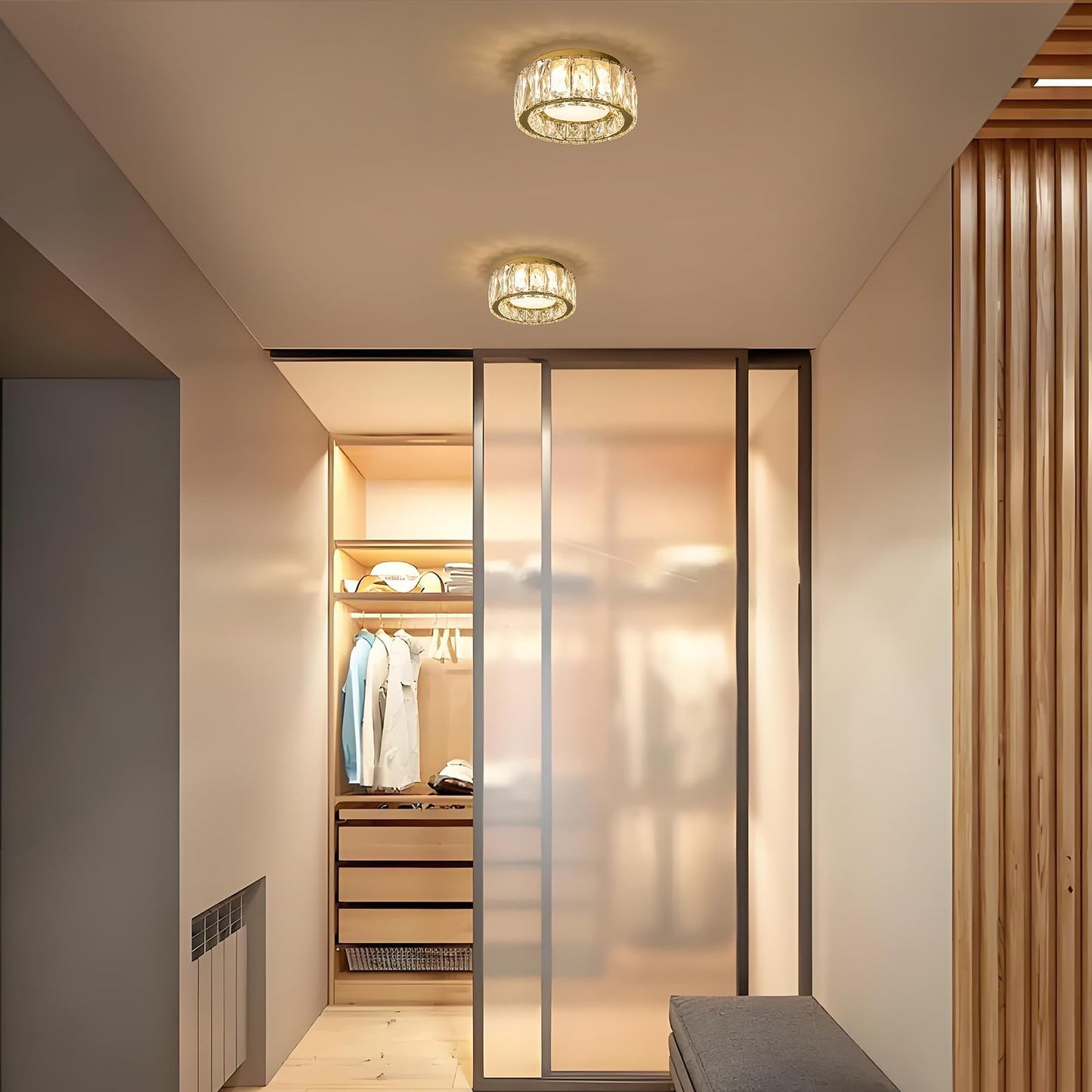 Suenigle Modern Dimmable LED Luxury Crystal Gold Flush Mount Ceiling Light Fixture,7.87 Inch 15W,3CCT,mini Round Close to Ceiling Chandelier for Hallway,Kitchen,Laundry Room,Entryway