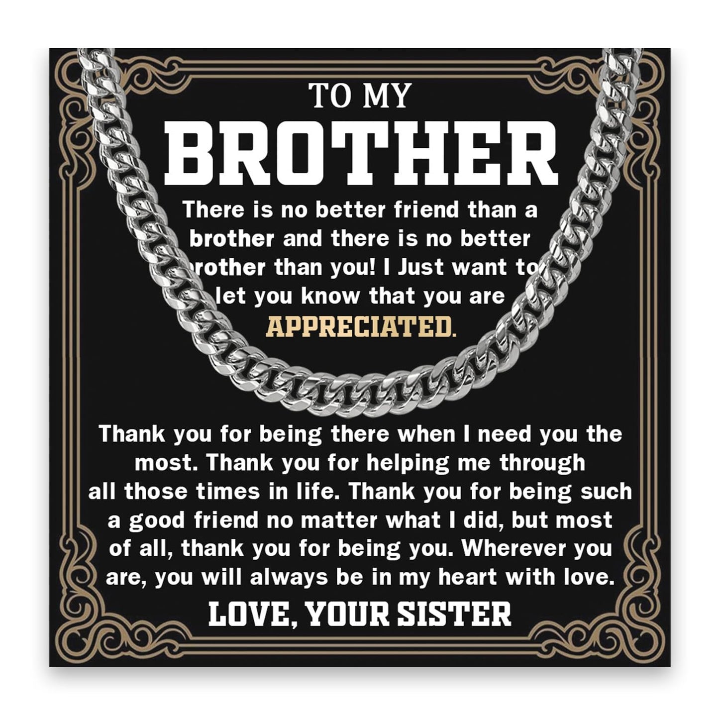 To My Brother Necklace Cuban Chain, Little Brother Necklace Gifts, Brothers Necklaces For Christmas, Anniversary Christmas Graduation Birthday Gifts For Brothers From Sister
