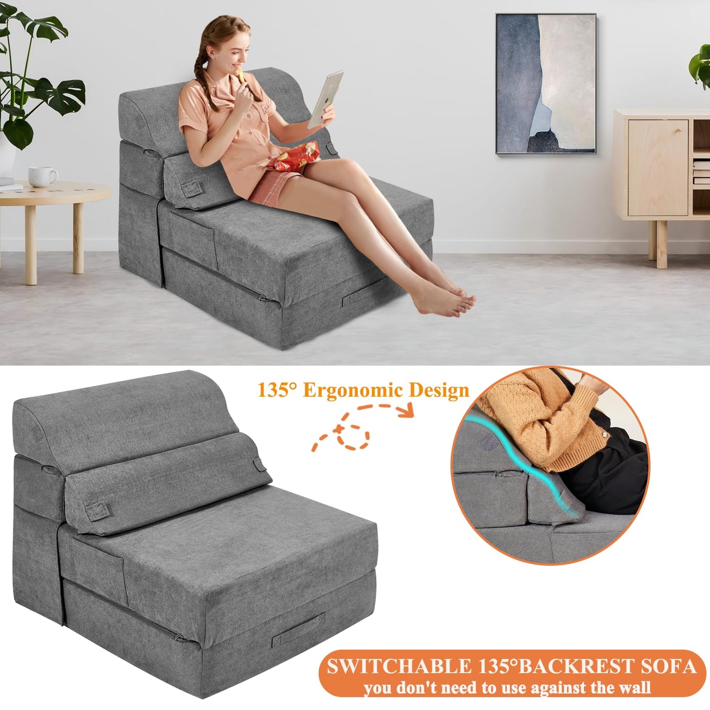 LitaiL Comfy Folding Sofa Bed - Grey Convertible Sleeper Sofa Fold Out Sleeper Chair Couch for Living Room Bedroom Guest, Foldable Floor Chair Lounger Mattress with Back Support for Travel, Camping