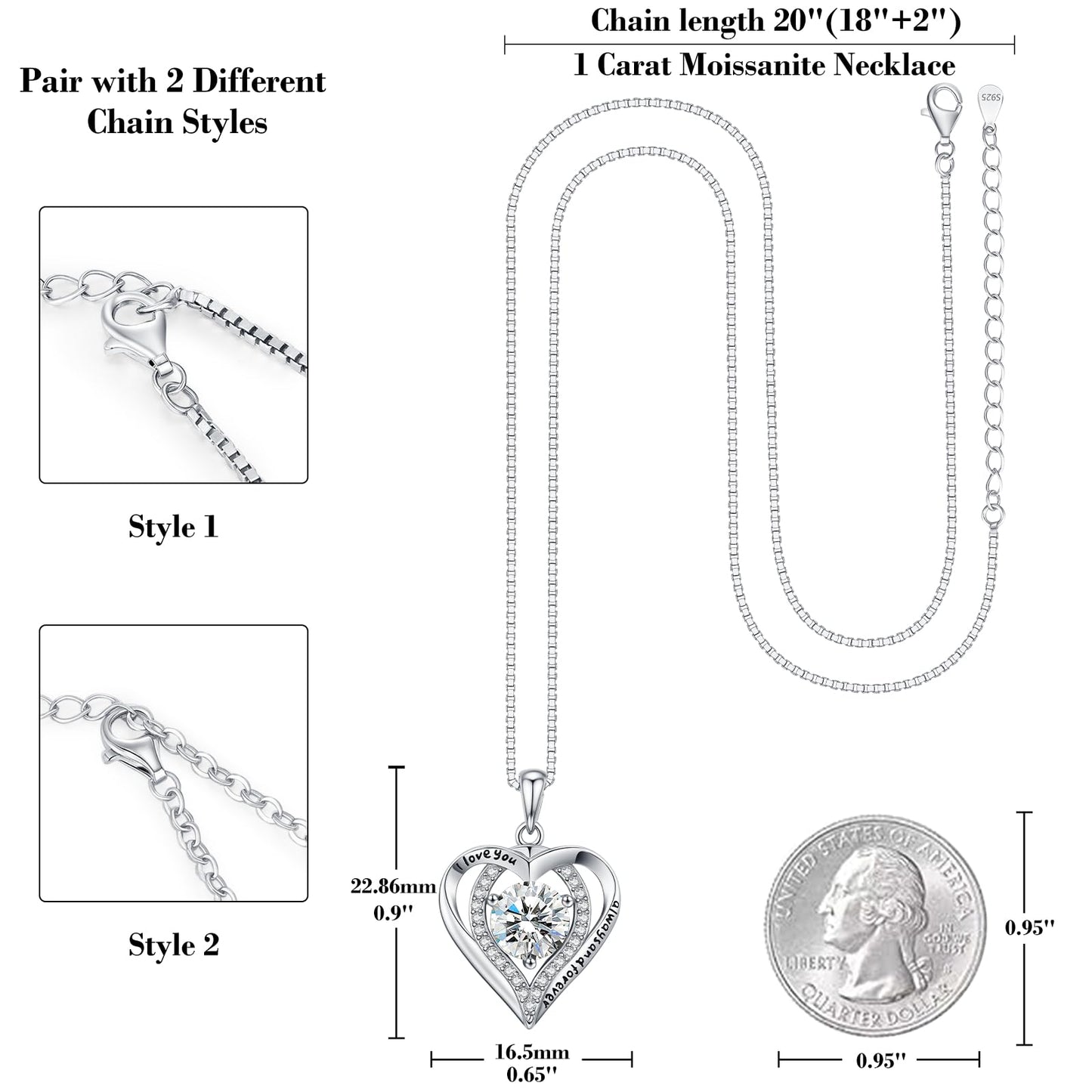 DOFRID Moissanite Necklace for Women, 1-3 Carat Heart Pendant Necklace, 925 Sterling Silver, Anniversary Present for Wife, Women, Birthday Gifts for Wife, Jewelry Gifts for Girlfriend, Mom