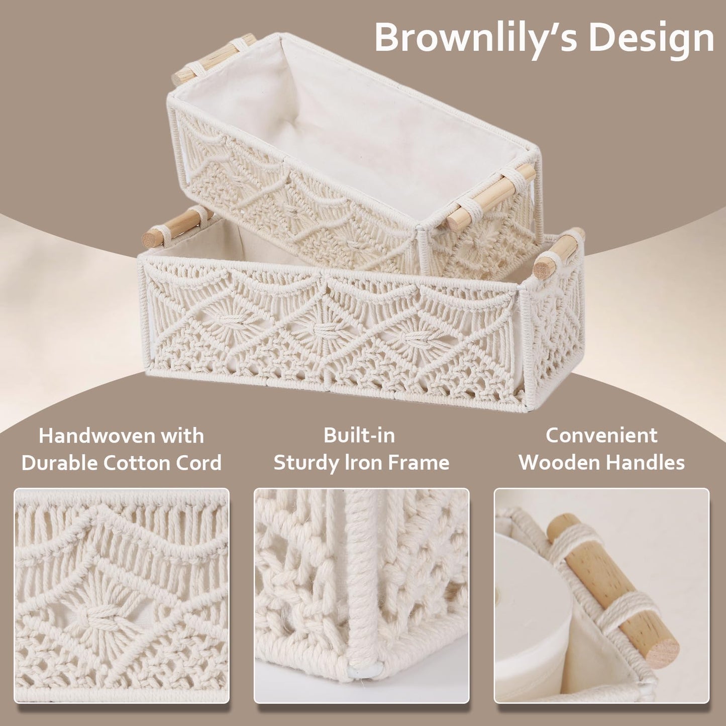 BROWNLILY Macrame Storage Baskets Boho Decor Gift Box Woven Toilet Paper Basket with Wood Handles Home Decorative Baskets for Organizing on Shelf Cabinet Countertop Livingroom - Set of 2
