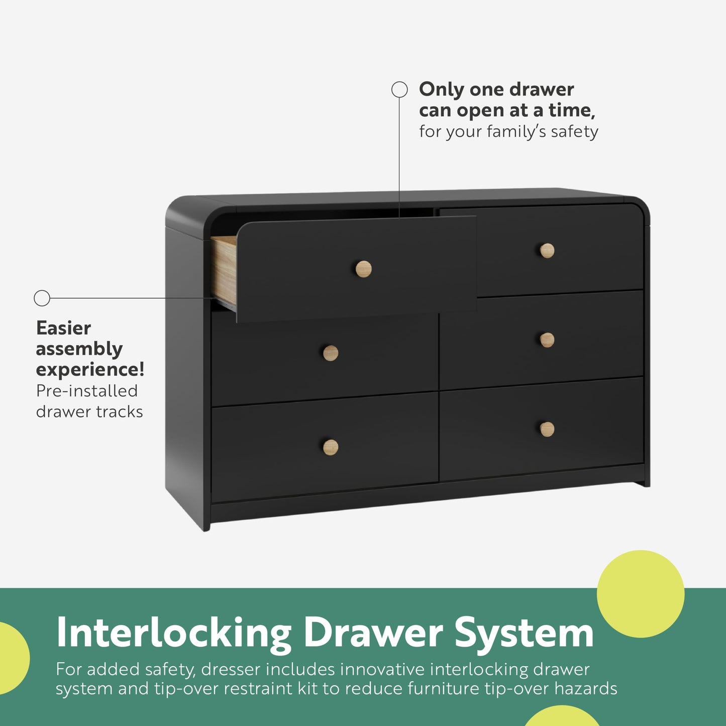 STORKCRAFT Santos 6 Drawer Bedroom Dresser (Black & Natural) – GREENGUARD Gold Certified Dresser for Kids Bedroom with Interlocking Drawer System