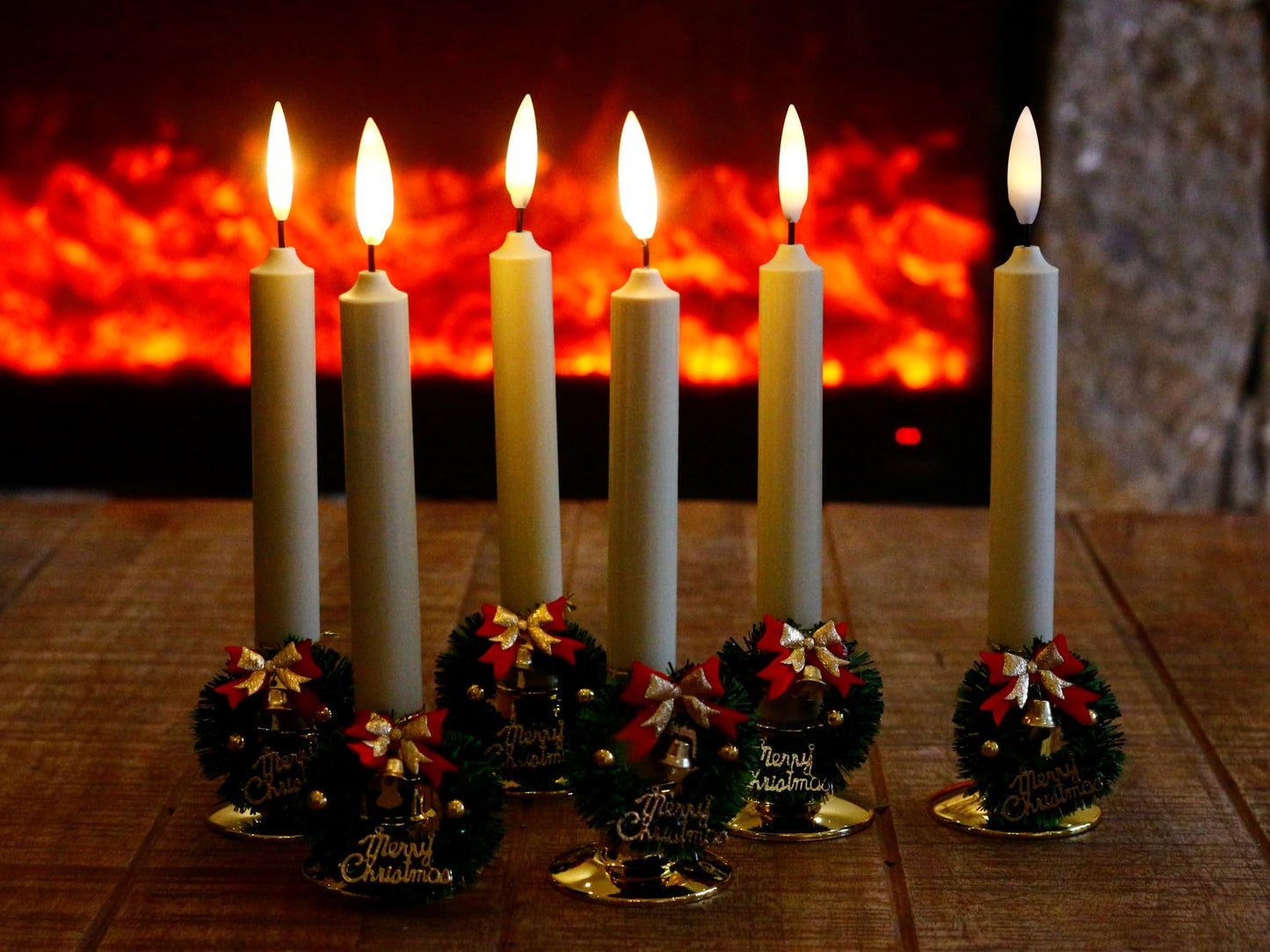 NONNO & ZGF 6 Pack Flameless 8.7'' Window Candles +6 Wreath(with Bows/Bells)+12 AA Batteries(Include)+ 6 Suction Cups+ 6 Golden Candleholders. Battery Powered Ivory Taper Candle with Remote and Timer