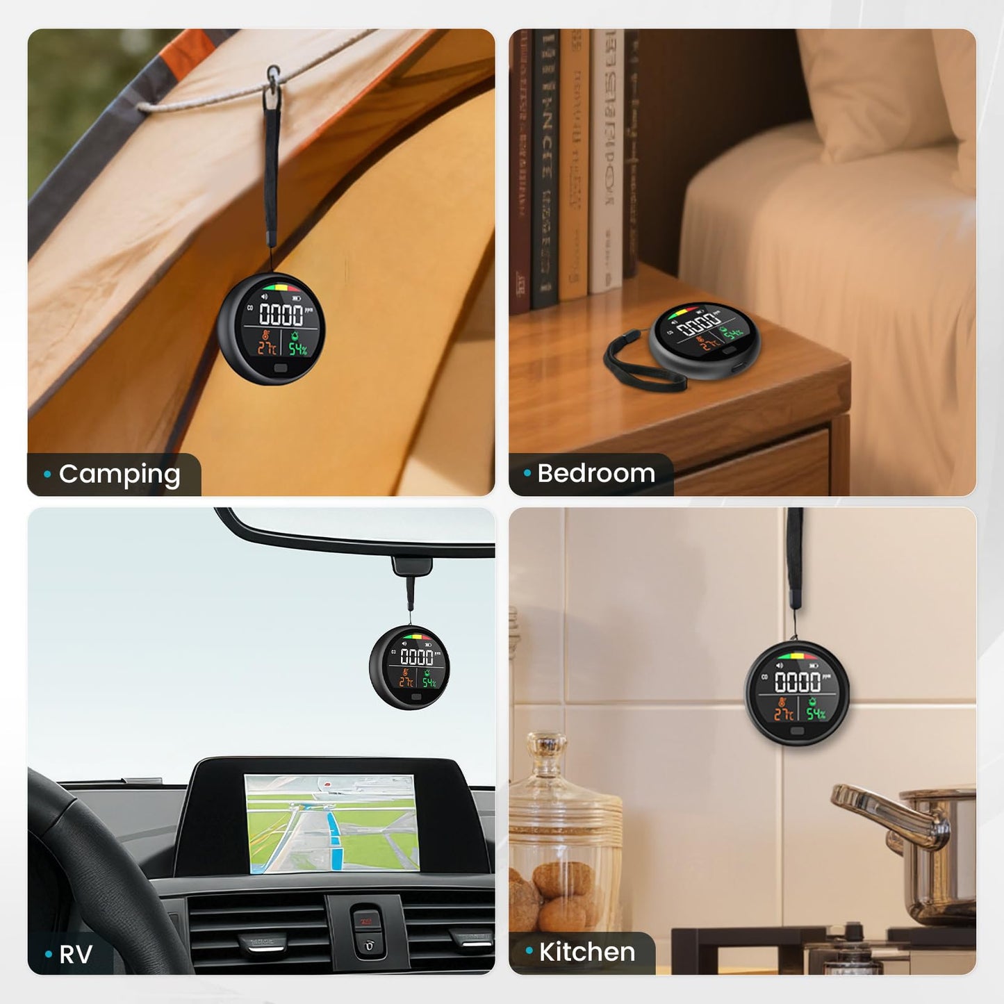 Portable Carbon Monoxide Detector for Travel - 3-in-1 Rechargeable CO Monitor with Temp & Humidity Sensor, Loud Audible & Visual Alarm, 220H Standby CO Detector for Hotel, Camping, Car, RV & Home