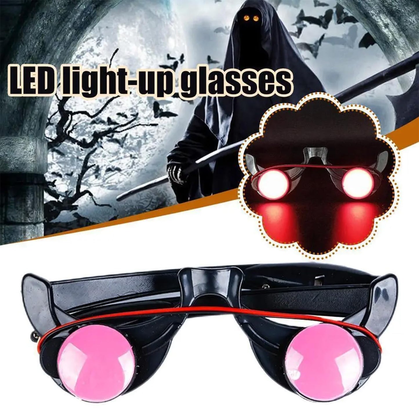 Glowing Red Eyes Glasses Scary Grim Reaper Cosplay Halloween Costume Accessories Flashing Light up Glasses Eyewear Christmas Rave Party Favors Evil Devil Eye Goggles Eyeglasses