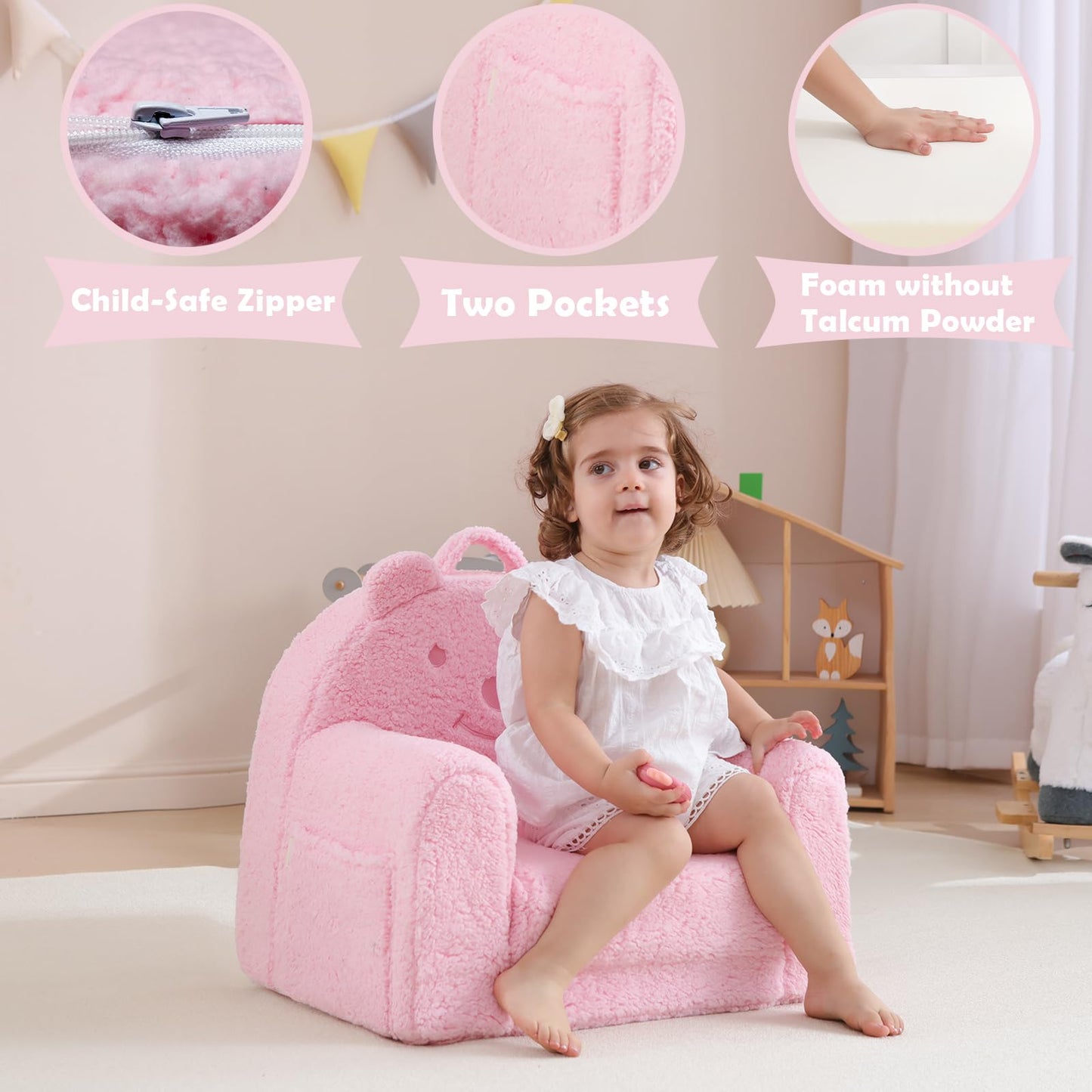 Kisdsa Toddler Chair,Sherpa Bear Kids Chair,Toddler Couch Fold Out,Children Reading Chair,Flip Out Kids Couch,Toddler Sofa Convertible for Age 1-3(Pink Bear)