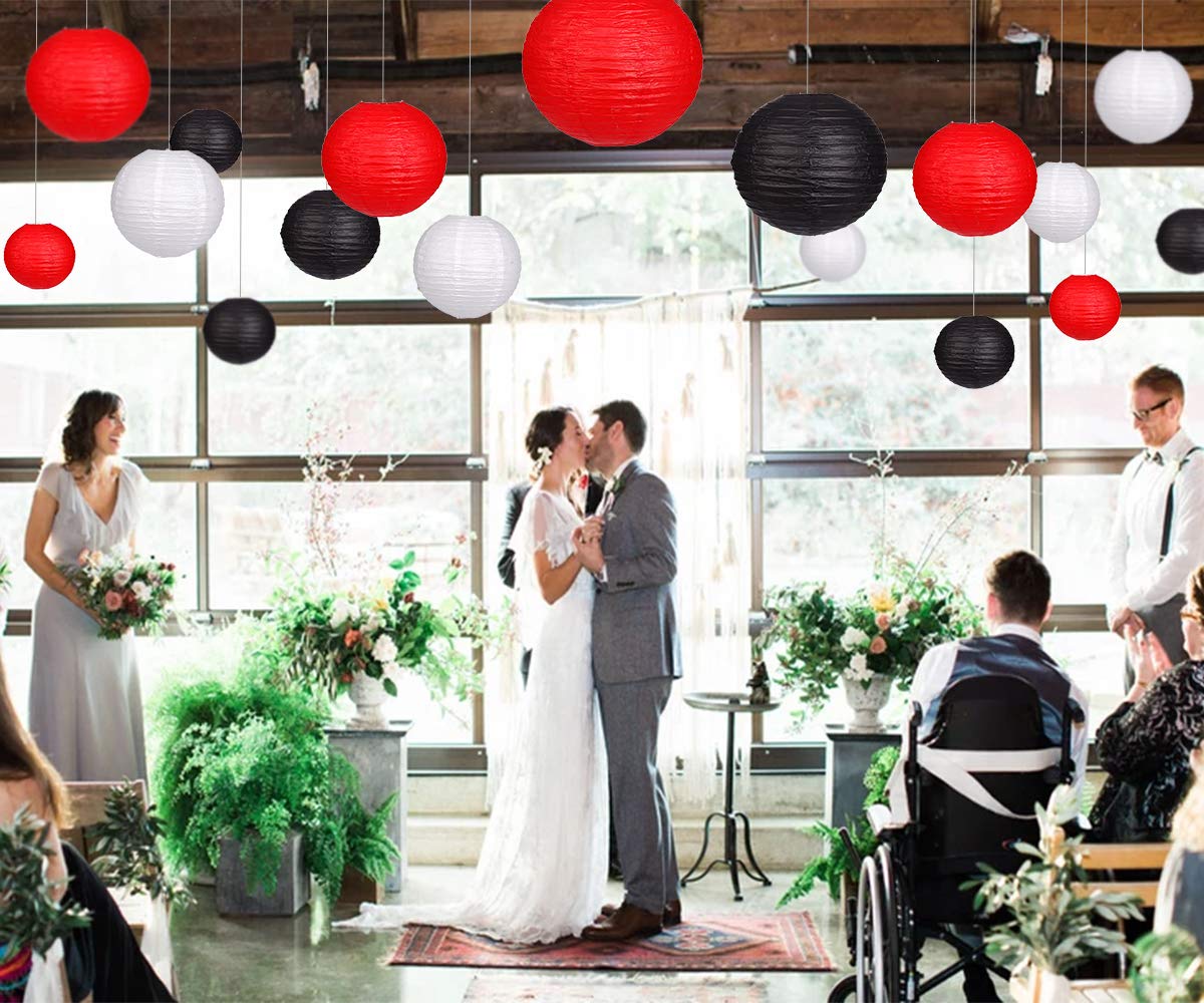 zilue 24pcs Hanging Round Paper Lanterns for Wedding Birthday Party Baby Showers Decoration Black/Red