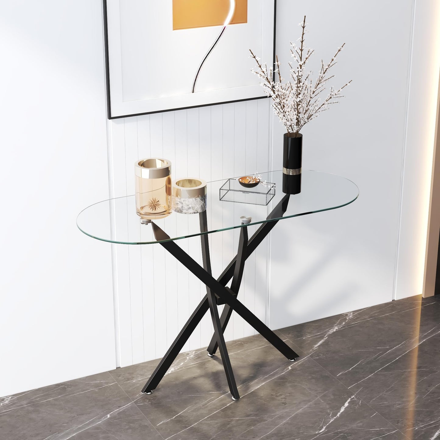 GOLDFAN Oval Console Table Modern Narrow Sofa Table with Tempered Glass Top and Black Metal Legs for Home Office