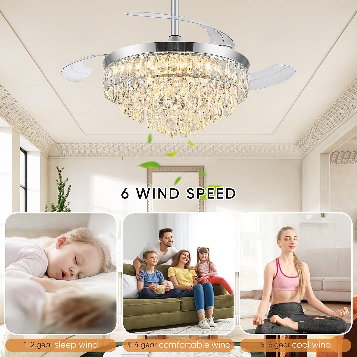 Deliyfans 42'' Chandelier Ceiling Fan with Lights, Retractable Fan with Remote and APP, Crystal Fandelier Ceiling Fan, Dimmable LED, Reversible Motor, Quiet for Bedroom Living Room-Chrome