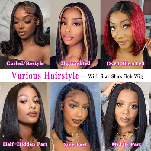 Star Show Bob Wig Glueless Wigs Human Hair Pre Plucked Pre-Cut 5×6 HD Lace Front Wigs Human Hair Bob Human Hair Wig Wigs Glueless Bleached Knots Wear And Go 12 Inch
