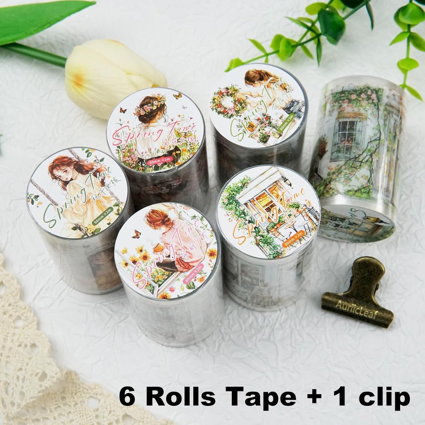 Spring PET Tape Set, 6 Rolls Pre-Cut Aesthetic Stickers for Scrapbooking, Journaling, DIY Crafts, and Collage Art
