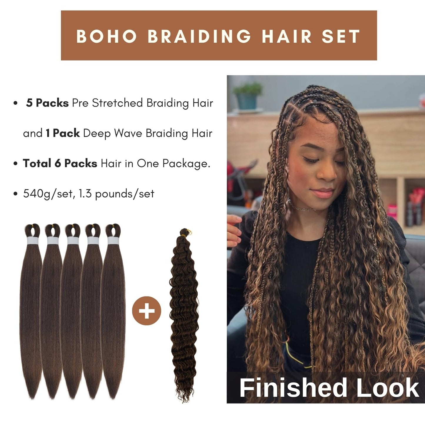 Dark Honey Brown Boho Braiding Hair Mixed Synthetic Deep Wave Boho Braids Hair for Braiding