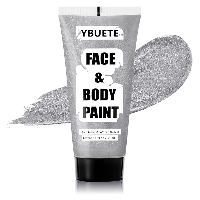 Sliver Water Based Face Body Paint, 2.37 OZ Large Tube Full Coverage Face Paint for Skull Goth Cosplay, Washable Metallic Silver Body Painting Cream for Adult Carnival Halloween SFX Makeup