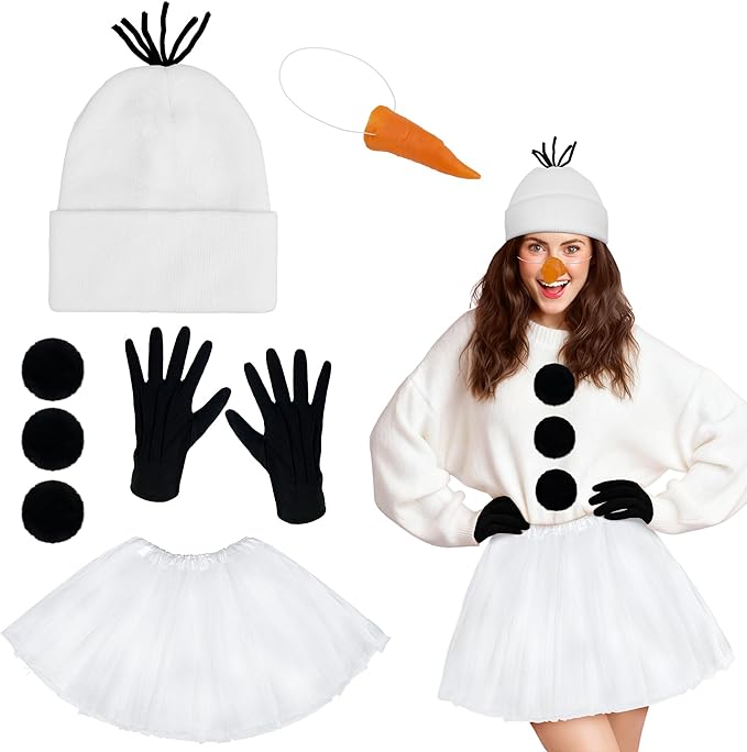 Ueyben Snowman Costume Set, Snowman Hat with Tutu Skirt Pom-Poms Carrot Nose Gloves Snowmen Accessories for Women Christma...