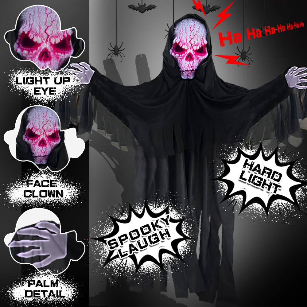 YOKUJITI 72" Halloween Animatronics Ghost Outdoor Decoration Hanging Faceless Animatronics Prop with Sound Activated, Scary Reaper with Light Mask in Dark Horror Robe for Haunted House