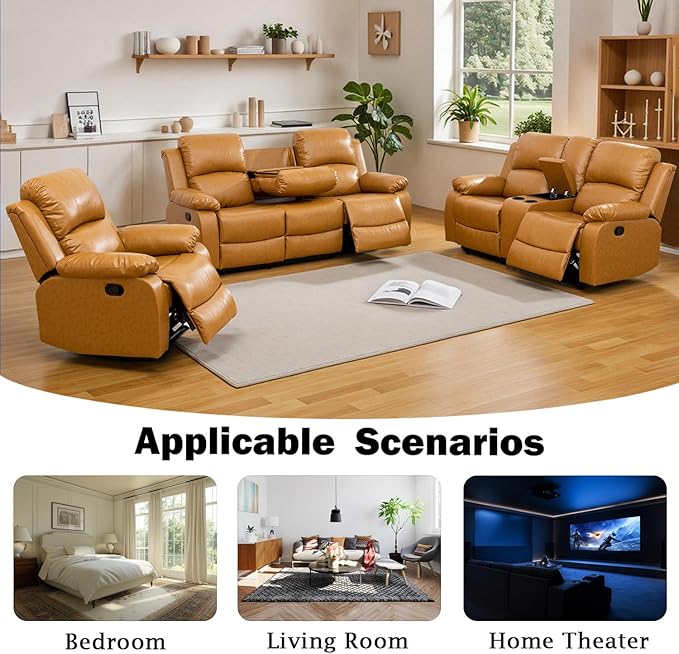 Caberryne Leather Recliner Sofa Set，Leather Reclining Couch for Living Room Furniture Sets，Ginger Recliner Couch with 5 Recliners for Living Room/Office/Theater Seating(Sofa Set 3 Pieces)
