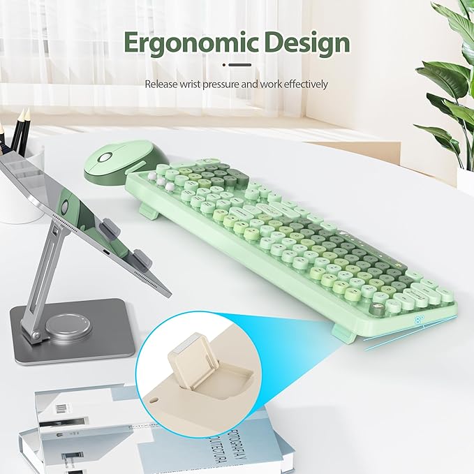 Wireless Keyboard and Mouse Set, Retro Typewriter Keyboards, 2.4GHz Full Size 104-Key Cute Keyboard with Number Pad, Colorful Keyboard with Round Keycaps for Windows PC Laptop(Light Green)