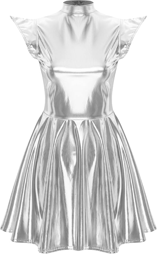 Alvivi Women Shiny Metallic Dress Holographic High Waisted Flare Skater Dress Carnival Party Outfit