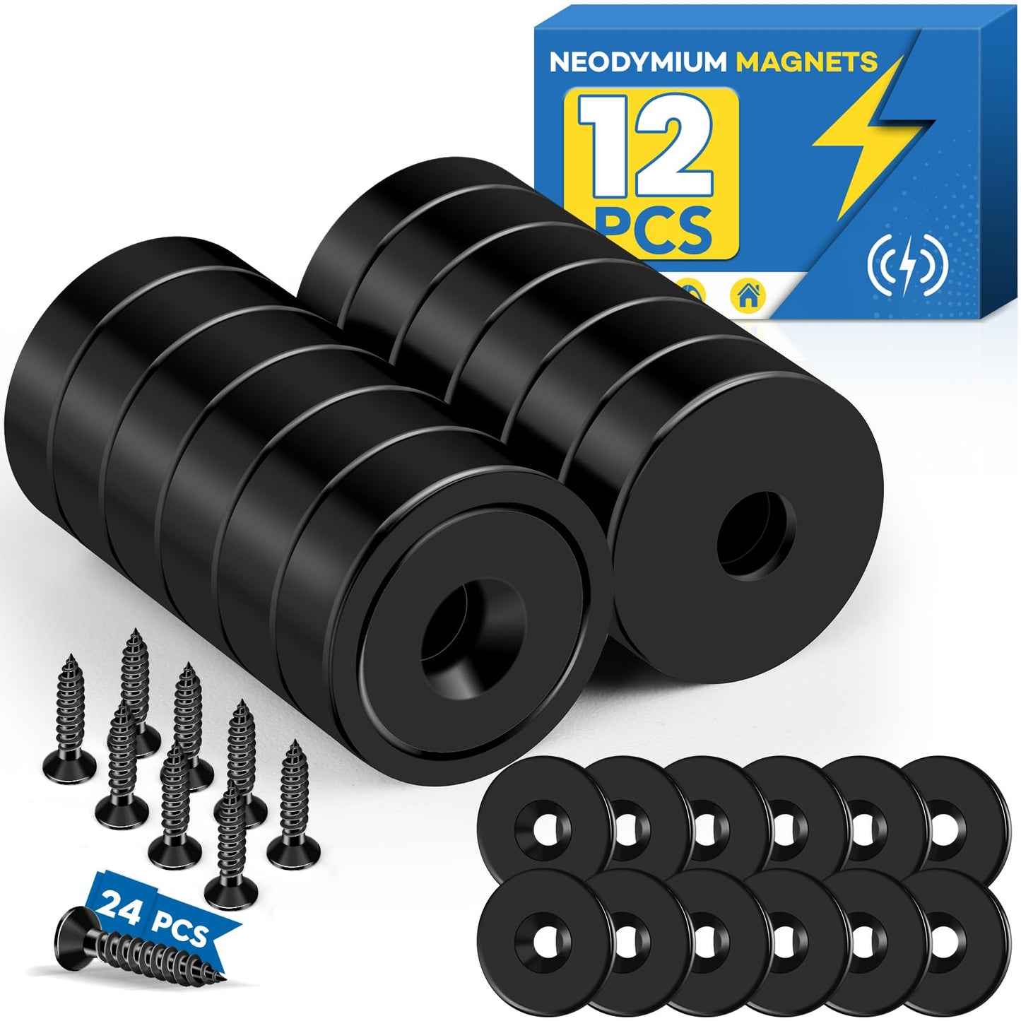 LOVIMAG Cabinet Magnets, 20lbs Rare Earth Magnets, 12Pack Strong Magnet with Holes and Iron Sheet,Neodymium Magnet with Screws for Holding Tools, Door, Magnetic Cabinet Locks-Black,0.63x0.19inch