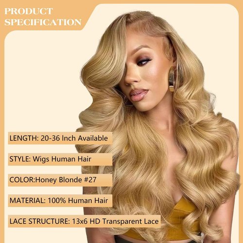 KERUISI 26 Inch Honey Blonde Wig Human Hair 200% Density 13x6 Body Wave Pre Plucked Glueless HD Transparent Lace Frontal Wigs Human Hair for Women