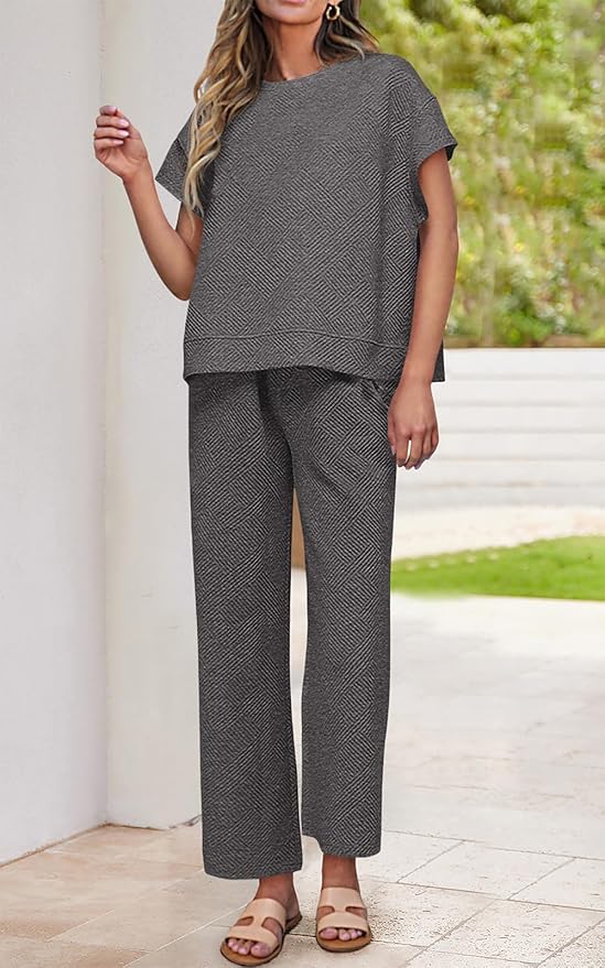 PRETTYGARDEN 2 Piece Outfits For Women Casual Tracksuit Short Sleeve Tops And Wide Leg Long Pants Matching Lounge Sets