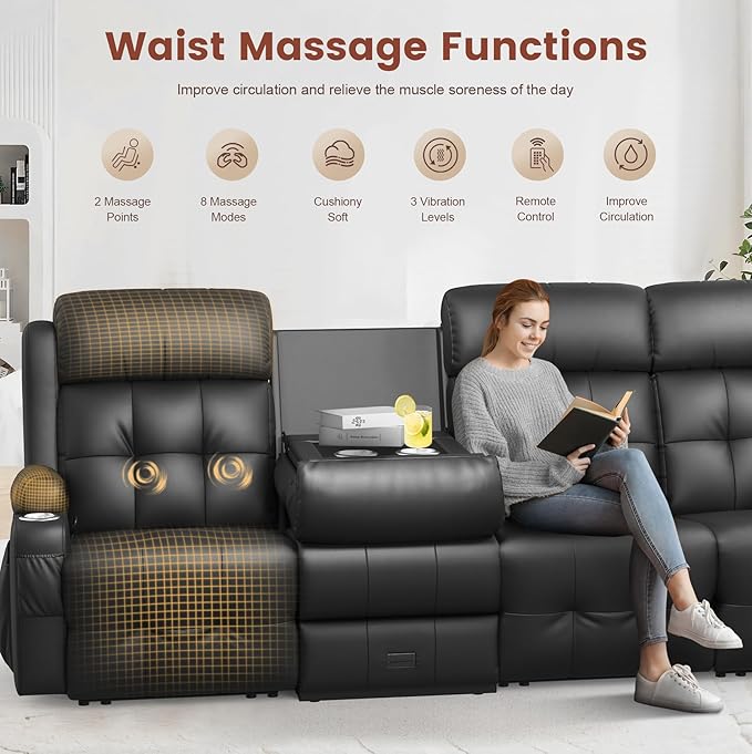 Recliner Sofa, Massage Reclining Sofa 4 Seater Sets Heavy Weight Capacity, RV Loveseat Couch Clearance with Flip Back Console, Storage, Cup Holders, Wall Hugger Reclining Couch for Living Room