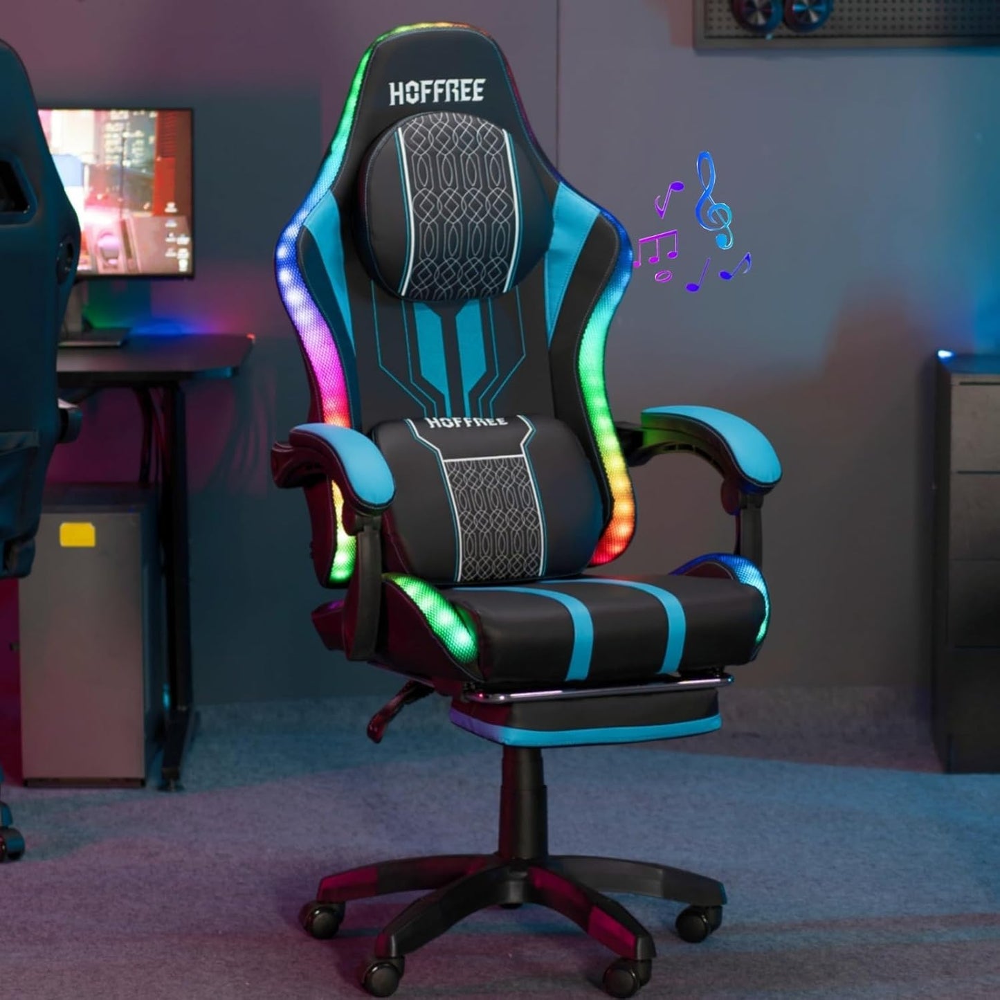HOFFREE LED Gaming Chair with Speakers Massage Big and Tall Computer Gaming Chairs Ergonomic Reclining Heavy Duty Game Chair with Footrest Blue and Black