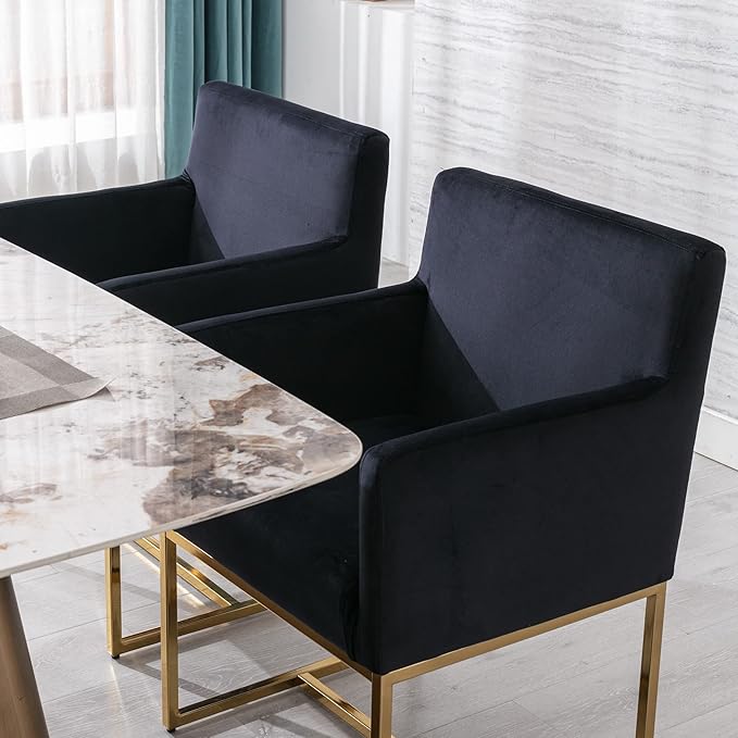 BESTANO Set of 4 Upholstered Velvet Dining Chairs with Armrest, Mid Century Modern Accent Armchairs, Modern Kitchen & Dining Room Chairs with Gold Frame, Black