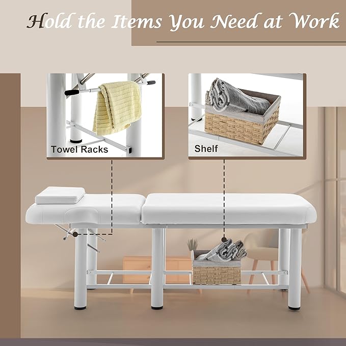 Massage Bed Stationary Professional Adjustable Massage Table Spa Bed 73"x27.5" Stationary Physical Therapy Table with Memory Foam Salon Bed w/Removable Headrest White