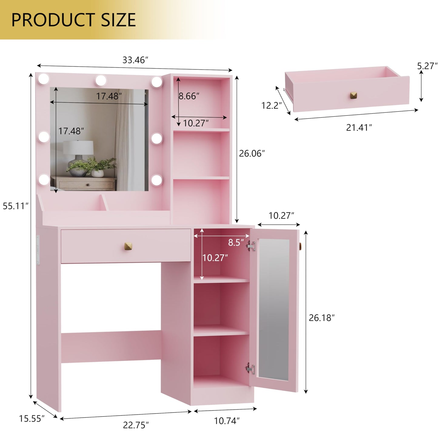 Thacuok Vanity Desk with Mirror and Lights, 33.5'' Makeup Table with Charging Station & RGB Glass Cabinet, Small Vanity with 3 Color Lighting Modes & Adjustable Brightness, Pink