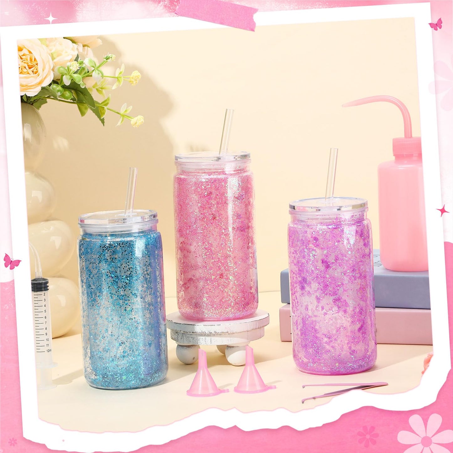 Teenyyou 6 Pack Plastic Snow Globe Tumbler 16 Oz Pre Drilled Double Wall Clear Cups with Lid and Straw Squeeze Bottle Funnel Tweezer Bent Syringe for Glitter Snow Globe DIY Cup Making Supplies
