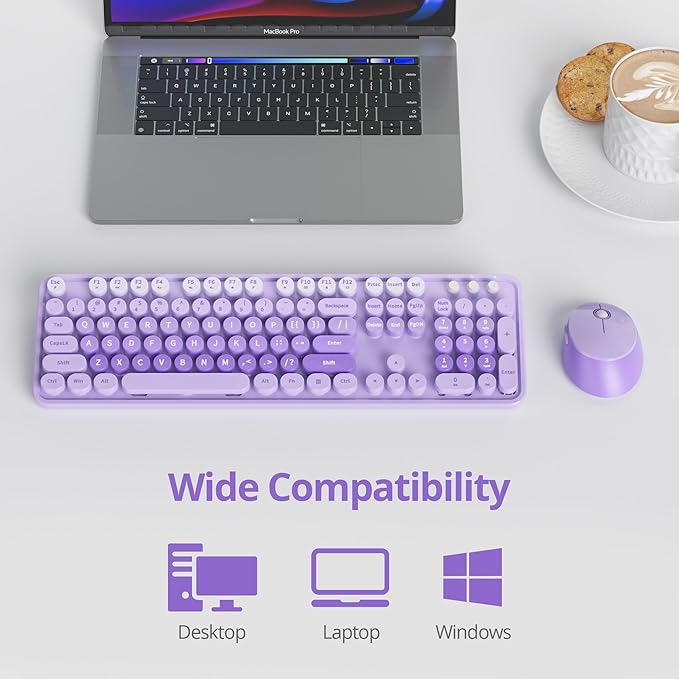 Wireless Keyboard and Mouse Set, Retro Typewriter Keyboards, 2.4GHz Full Size 104-Key Cute Keyboard with Number Pad, Colorful Keyboard with Round Keycaps for Windows PC Laptop(Purple)