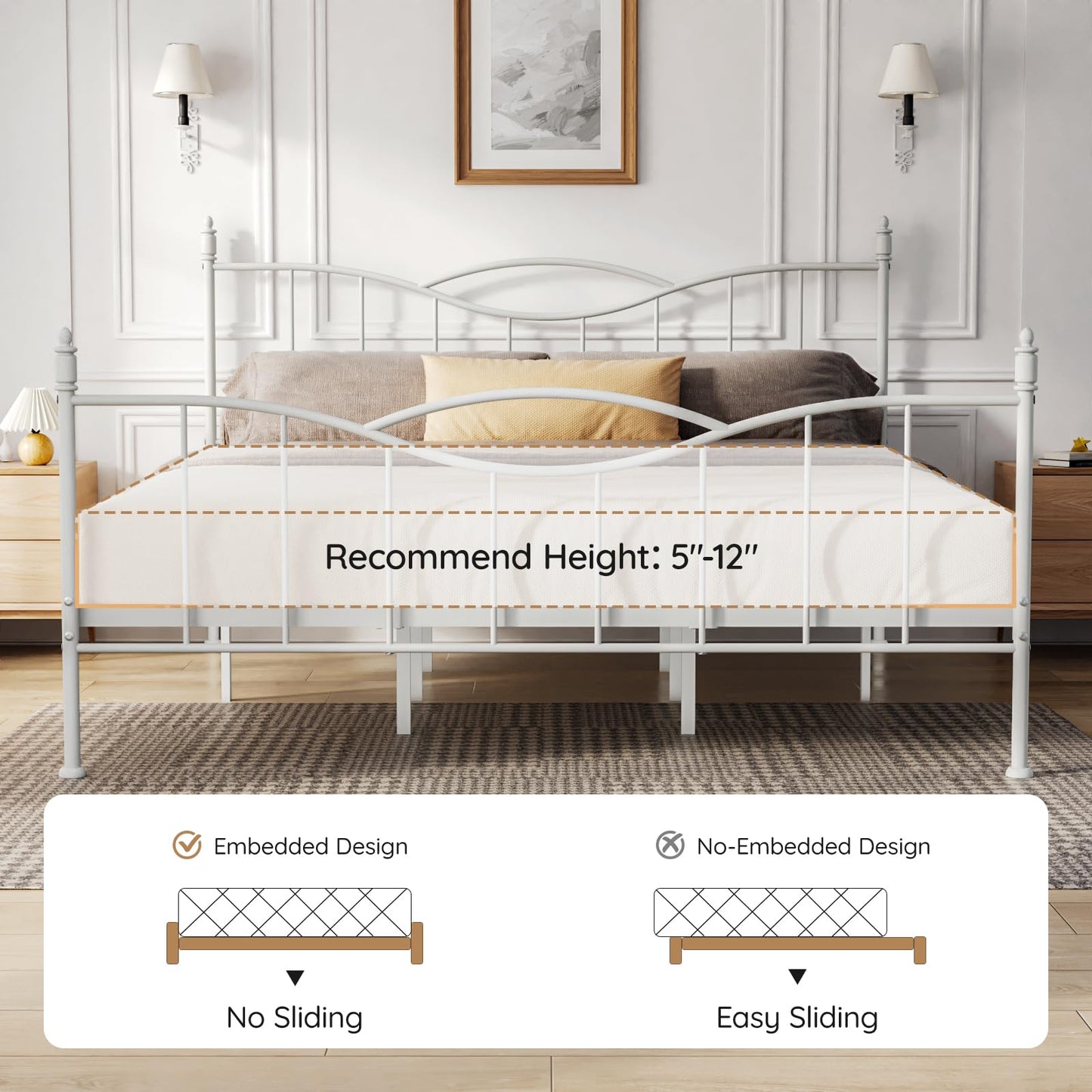 Florise King Size Bed Frame with Headboard,Metal Platform Bed Frame Mattress Foundation with Footboard, Under Bed Storage, Strong Metal Slats Support, No Box Spring Needed, White