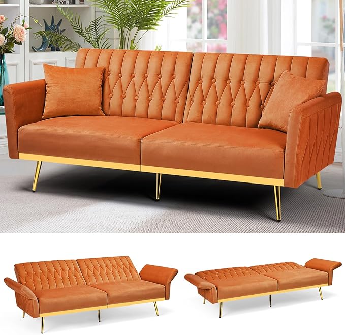ACMEASE 70” Velvet Futon Sofa Bed w/Adjustable Armrests & 2 Pillows, Convertible Futon Couch w/Adjustable Backrests, Modern Sleeper Bed for Living Room, Bedroom, Orange