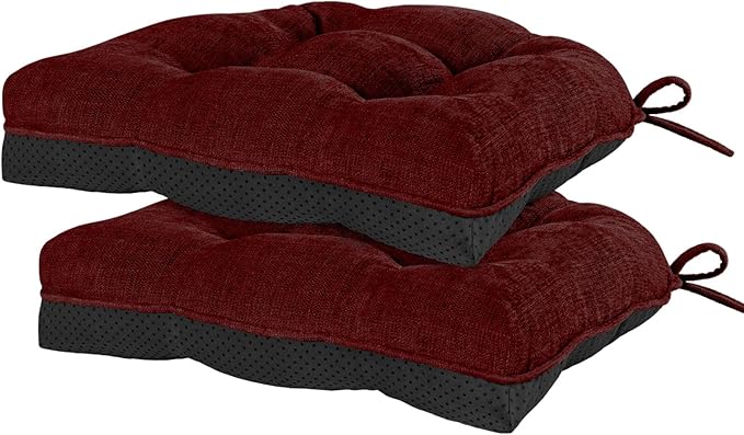HARBOREST Chair Cushions for Dining Chairs Set of 2 - Chenille Tufted Kitchen Chair Cushions with Ties and Non-Slip Bottom, Foam Chair Pads for Dining Chairs, 17" x 17", Burgundy