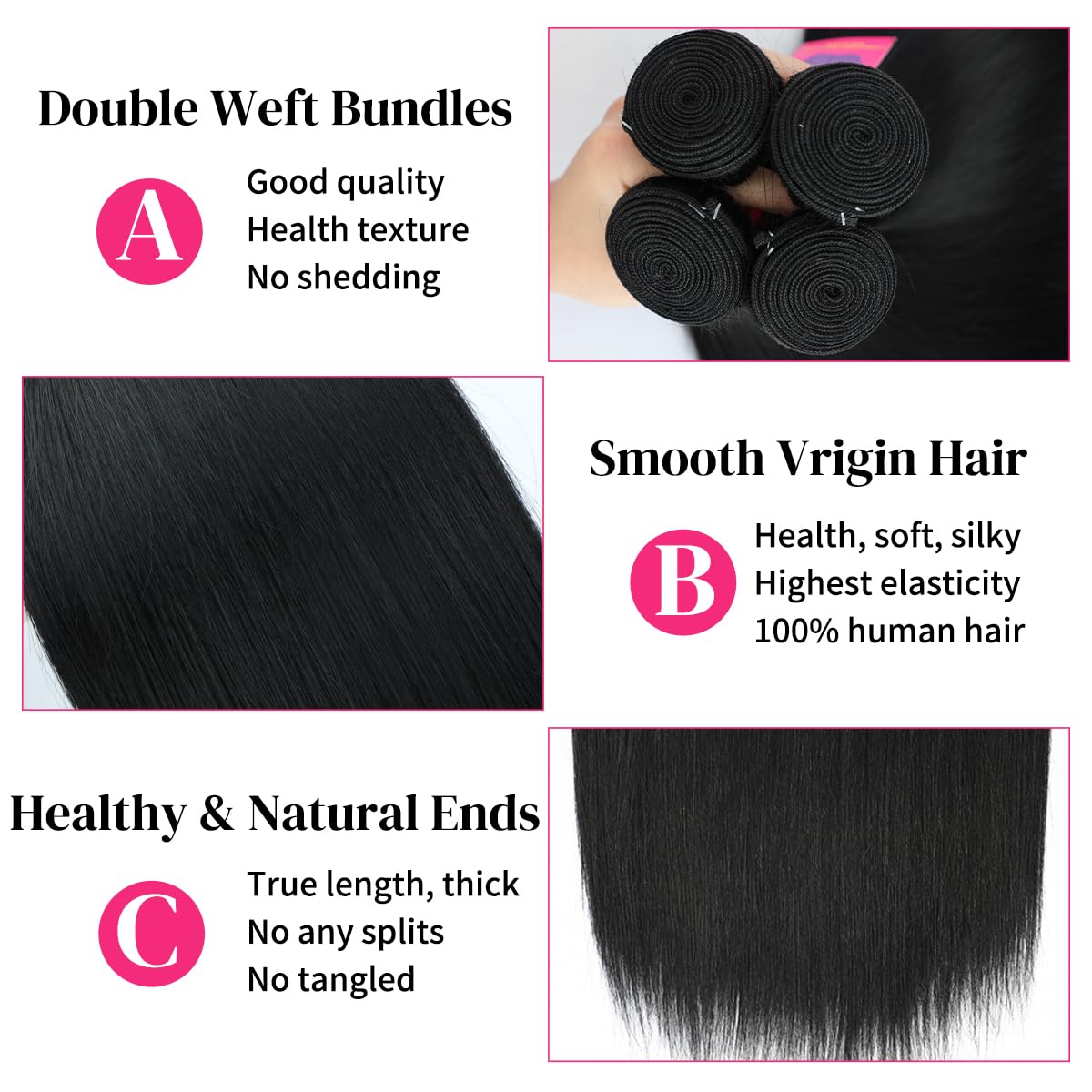 24 26 28 30 Inch 4 Bundles Human Hair Straight 12A 100% Unprocessed Brazilian Virgin Human Hair Bundlles Straight Natural Black,