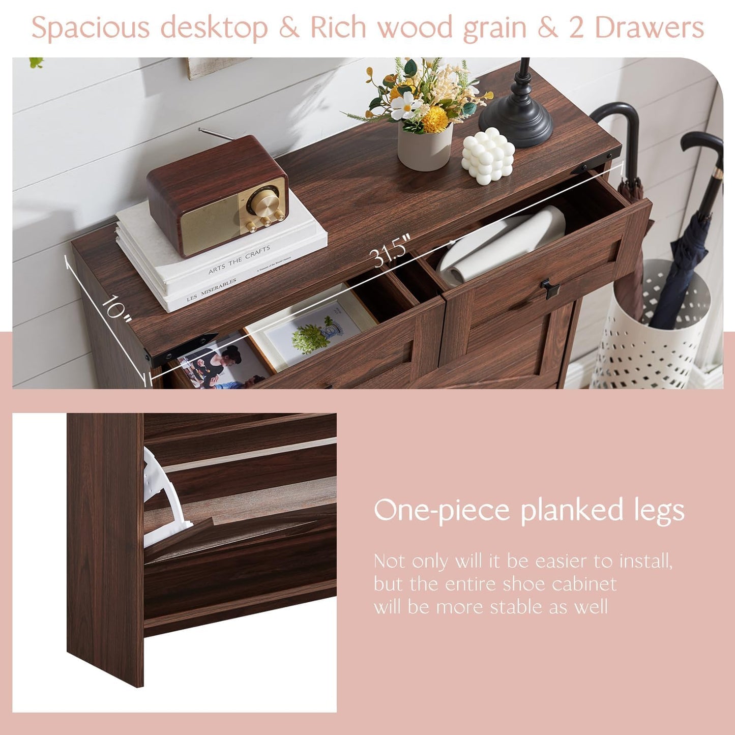 Barnyatoh Shoe Storage Cabinet, Farmhouse Shoe Organizer with 2 Hidden Flip Drawers & 2 Drawers, Narrow Freestanding Shoe Rack Cabinet with Adjustable Shelves for Entryway Hallway,Rustic Brown