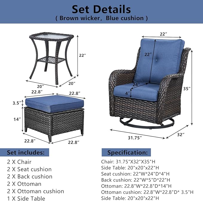 Belord 5 Pieces Patio Furniture Sets Wicker Outdoor Furniture, Rattan Patio Swivel Glider Chairs with 2 Ottoman and Glass Side Table