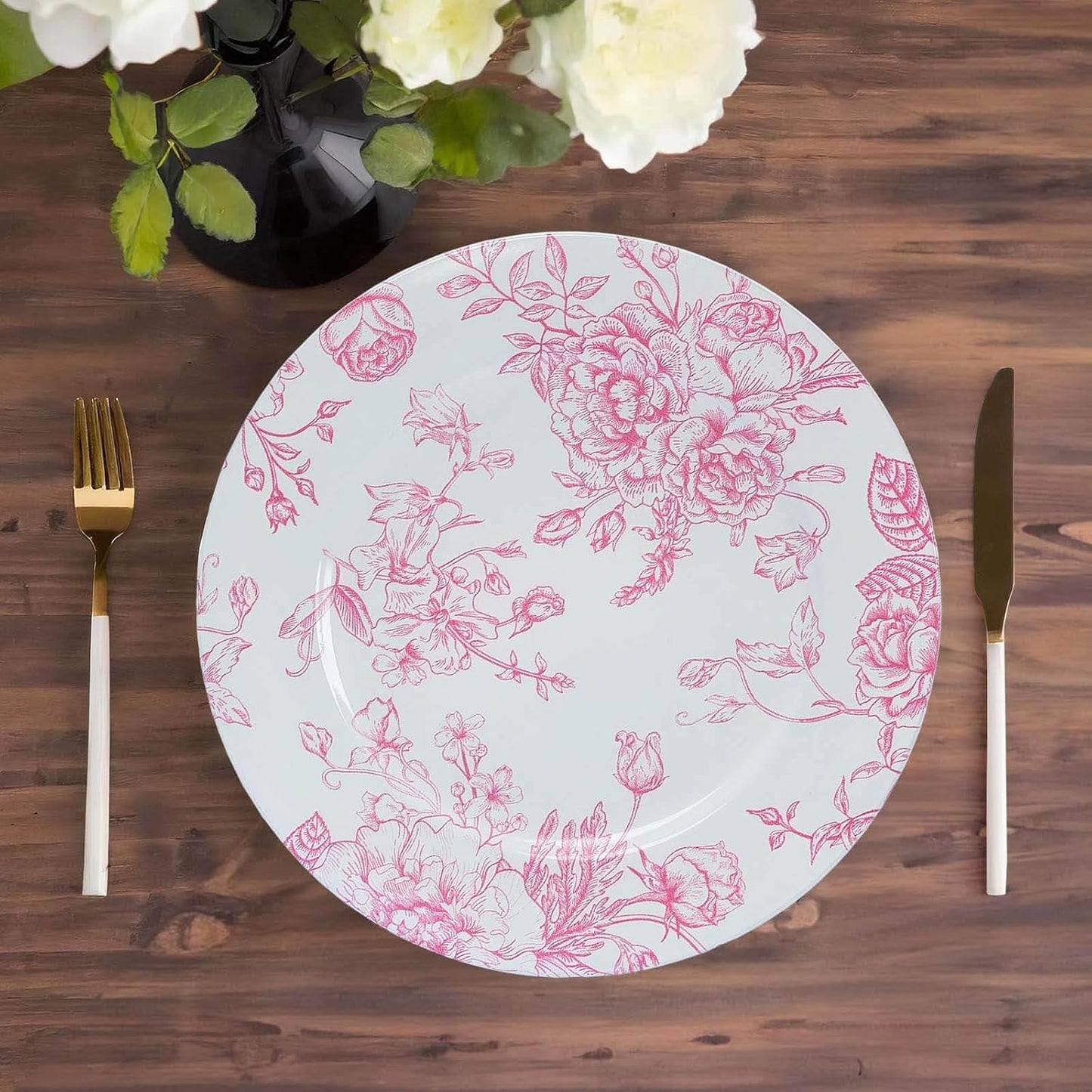 Efavormart 6 Pack White Pink Floral Acrylic Charger Plates in French Toile Pattern, Round Dinner Charger Event Tabletop Decor - 13"