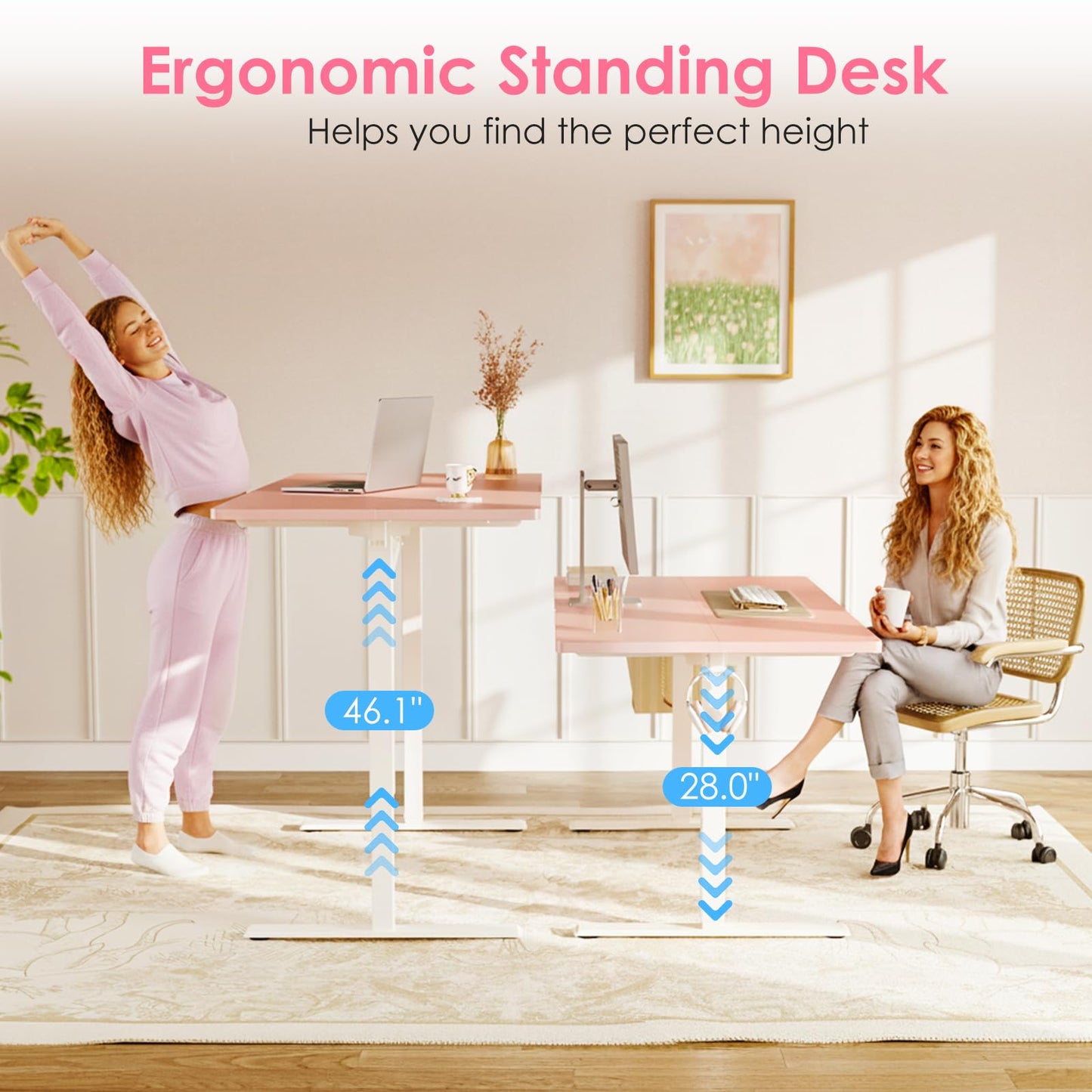 OffiGo Electric Height Adjustable Standing Desk, 40 Inch Pink Computer Desk for Women Girls, Sit Stand Table for Home, Office, Bedroom