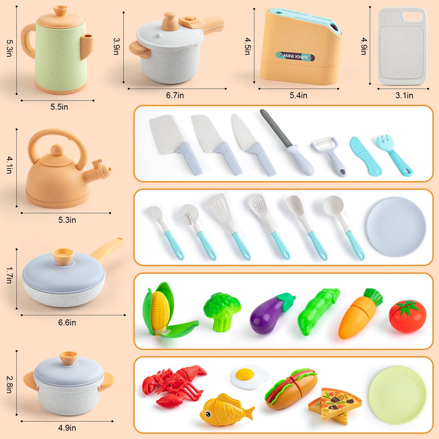 Kids Play Kitchen Accessorie, 42Pcs Toddlers Pretend Toy Kitchen Playset Cooking Sets with Pressure Pots and Pans, Cookware, Utensils, Cutting Play Food Preschool Education Toys Gift for Girls Boys