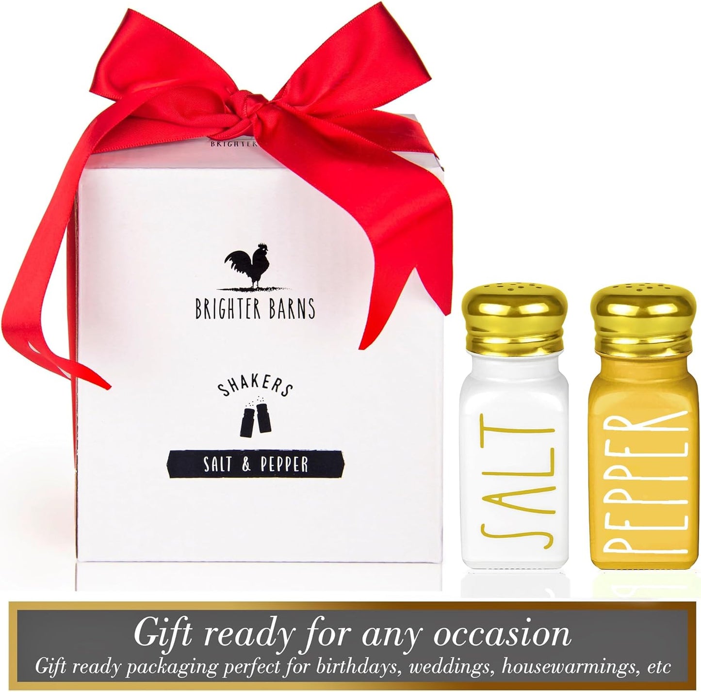 Farmhouse Gold Salt and Pepper Shakers Set by Brighter Barns - Glass Shakers & Stainless Steel Lid - Modern Farmhouse Decor for Restaurant, Airbnb, Wedding, Gifts - Luxury Kitchen Accessories (Gold)