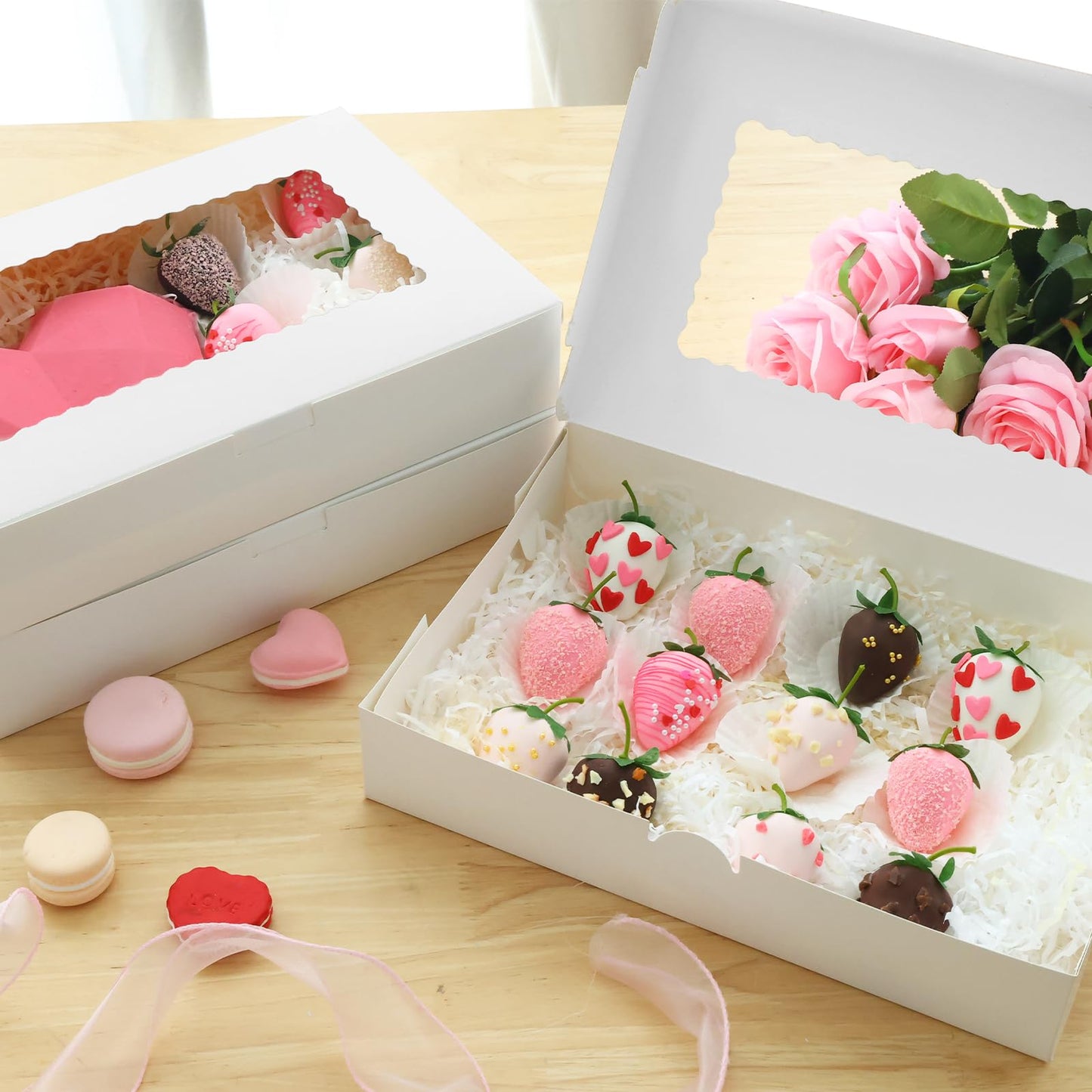 TOMNK 7pcs Cookie Boxes, 12x8x2.5 Inches White Bakery Boxes with 3 Style Window for Chocolate Covered Strawberries, Treats, Breakable Heart, Pastries, Desserts and Cake Pops