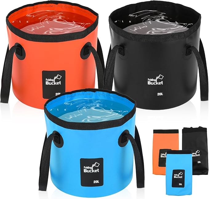 Afcabakila 3 PCS 5 Gallon Collapsible Water Bucket, 20L Foldable PVC Bucket with Handles, Multiple Use Portable Fold up Li...