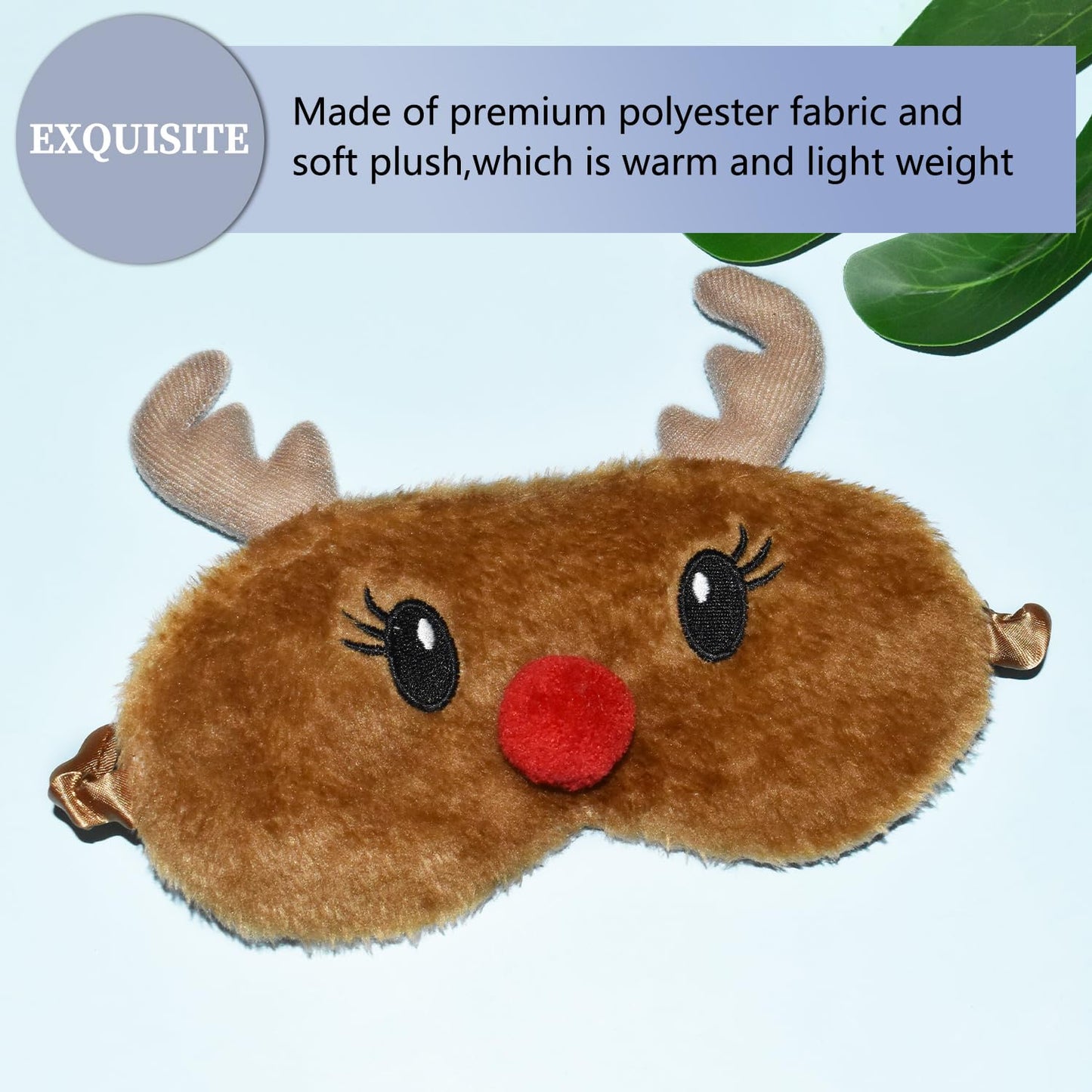 Mezeic Christmas Reindeer Sleep Mask Cute Antler Eye Masks Sleeping Soft Plush Cartoon Blindfold Funny Animal Eye Cover Xmas Presents for Women Men (Xmas Reindeer,Brown)