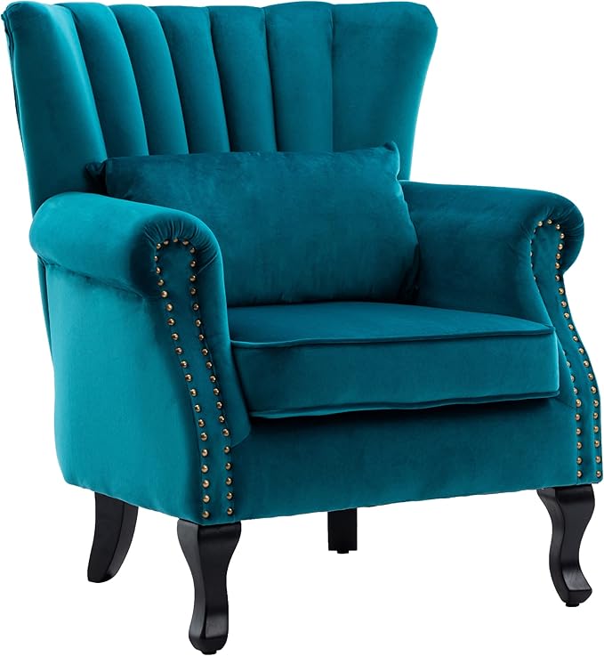 DM Furniture Mid Century Accent Chair Modern Tufted Wingback Armchairs Club Chair Velvet Single Sofa Lounge Chair with Pillow for Living Room, Teal Blue
