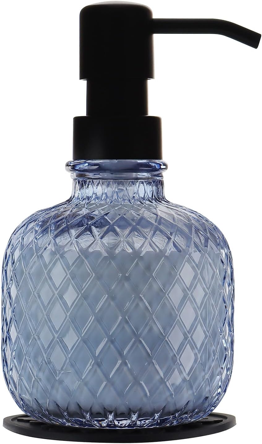 Soap Dispensers with Silicone Mat, for Kitchen and Bathroom Contertop Wash Hand Liquid, Dish Detergent, Farmhouse Style Shampoo Lotion Pump (1, Blue Glass with Black, 3-1/2" x 3-1/2" x 6-1/4")