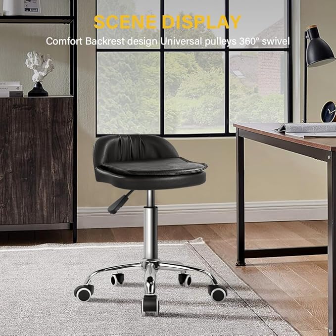 Rolling Stool Swivel with Wheels Height Adjustable Stool with Low Back Rolling Chair for Office Kitchen Desk Home Salon Shop Lab Counter (Black)