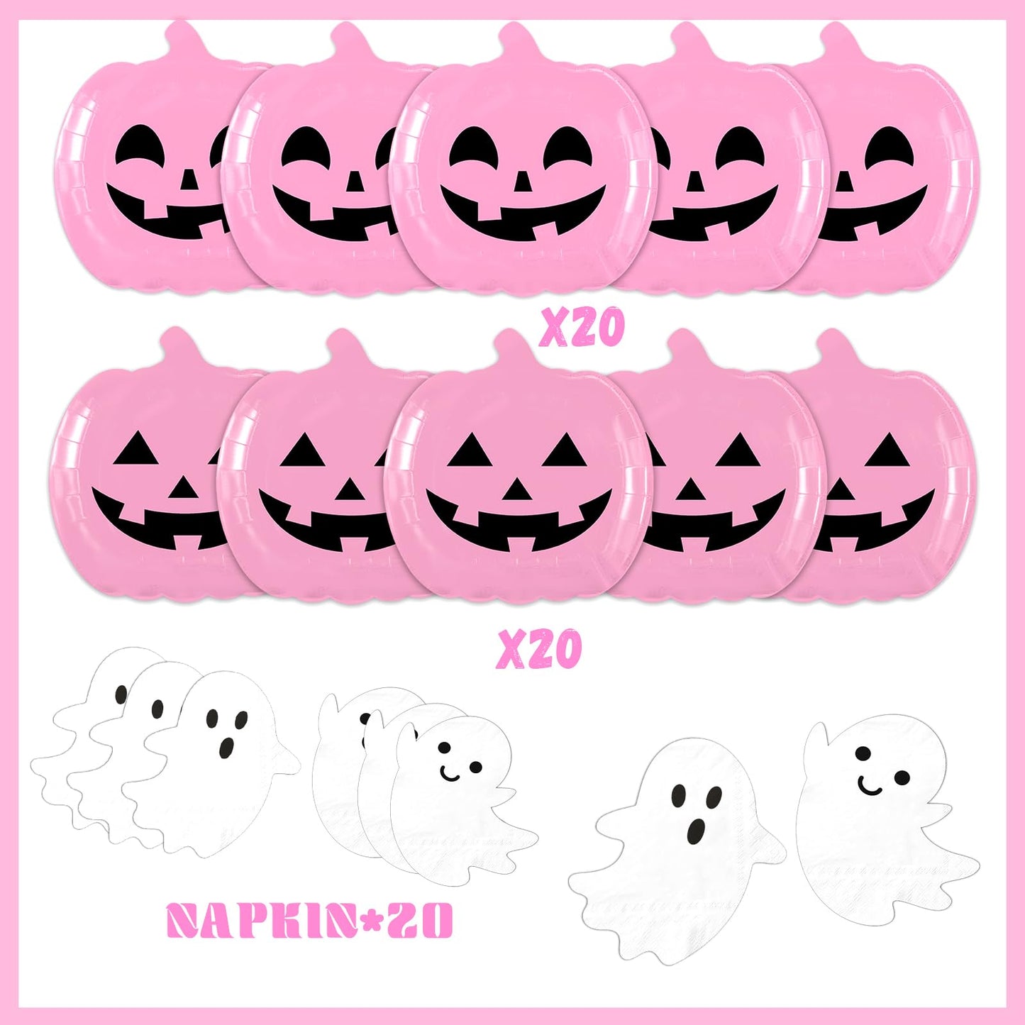 OGMOGKW Halloween Plates and Napkins,60pcs Pink Pumpkin Plates and Ghost Napkins Tableware Includes Cute Grimace Paper Plates and Spooky Napkins for Kids Birthday Pink Halloween Party Decorations