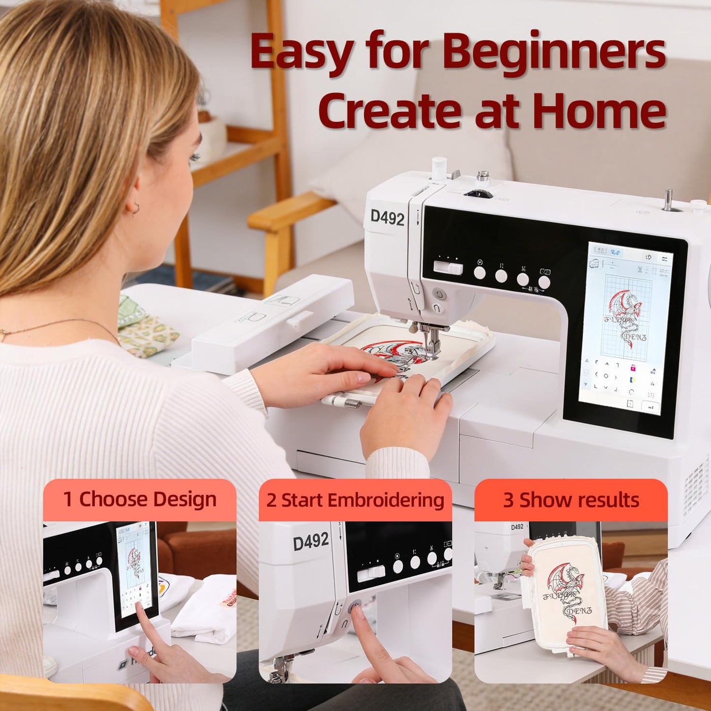 FLEURDENZ D492 Embroidery Machine with 4.5" x 7" Area for Beginners, Home DIY, Sewing & Embroidery Machine with Hoops, 180 Built-in Designs with USB Import, 7-Inch Touchscreen, Auto Threader & Cutter